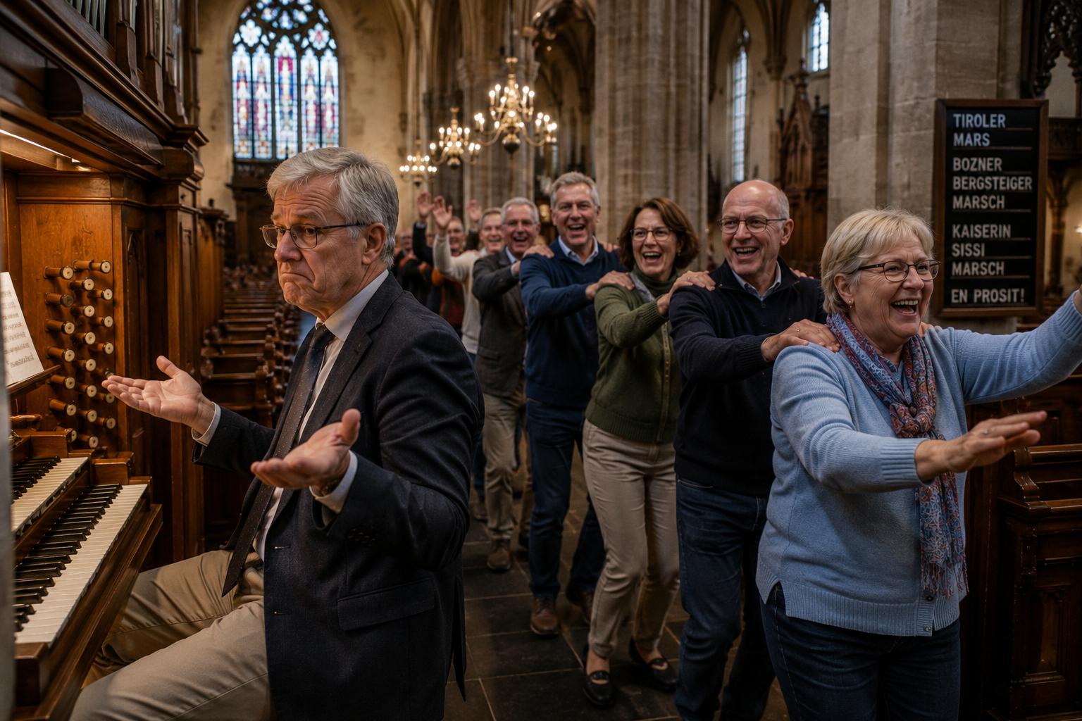 Kerkgangers vormen lachend een polonaise achter een organist.